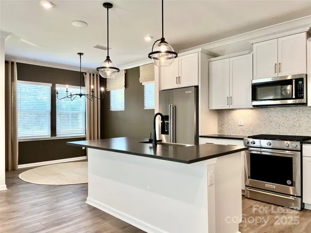 a kitchen with stainless steel appliances granite countertop a stove a refrigerator and a sink with wooden floor