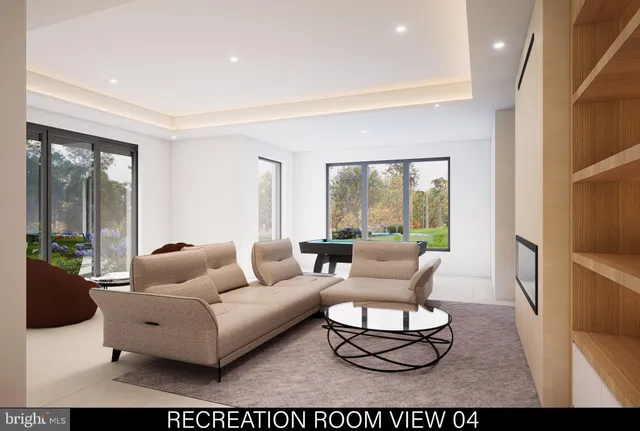 a view of a dining room with furniture and a window