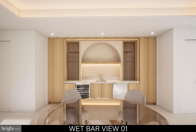 a view of a dining room with furniture and a potted plant