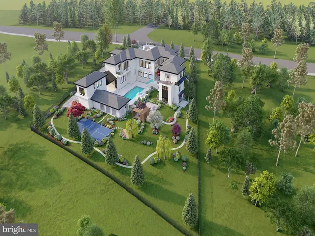 an aerial view of a house with a garden