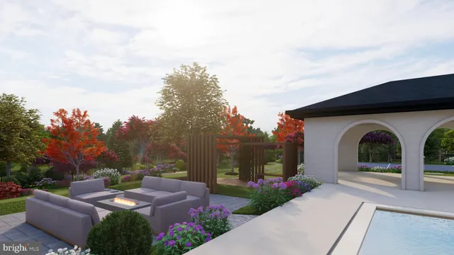 a view of a road with a big yard and large trees