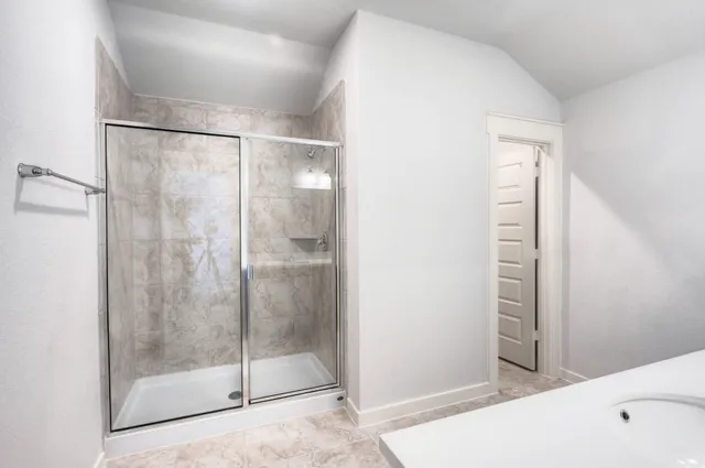 a bathroom with a shower and a sink