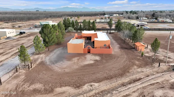 an aerial view of a house with a yard and a large tree