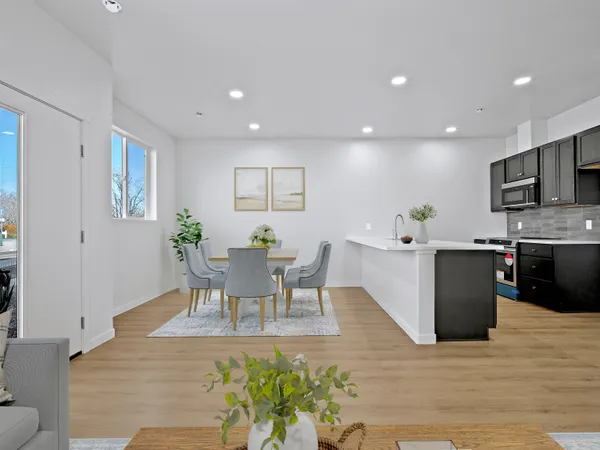 a view of a dining room with furniture