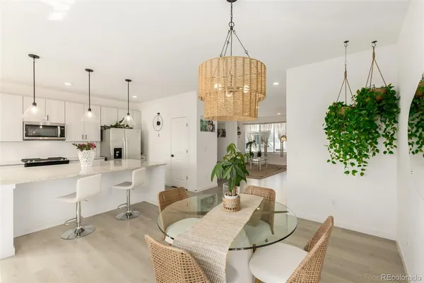 a view of a kitchen and dining room