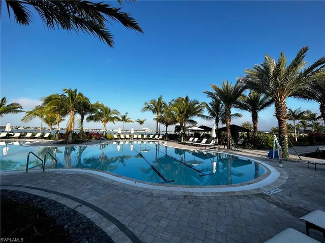 a view of a swimming pool with outdoor seating and plants