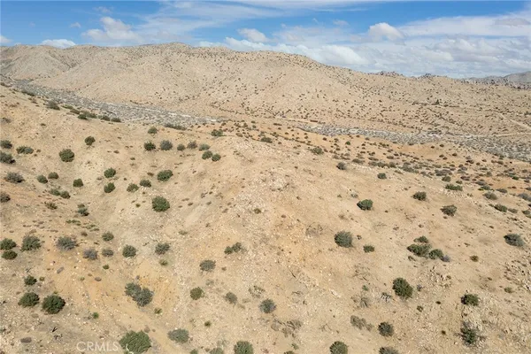 a view of a dry yard with mountains in the background