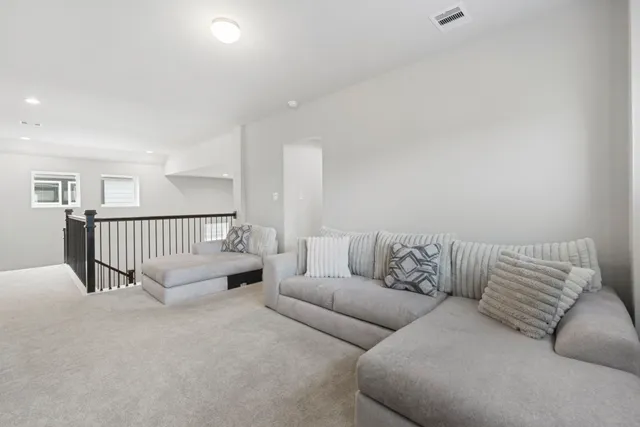 a living room with furniture and a potted plant