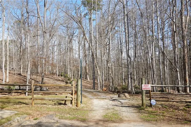 a view of a backyard with pathway