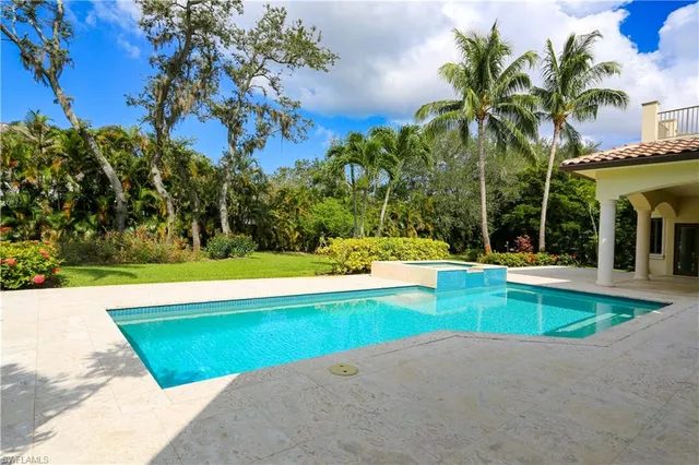 a view of swimming pool with lawn chairs and plants