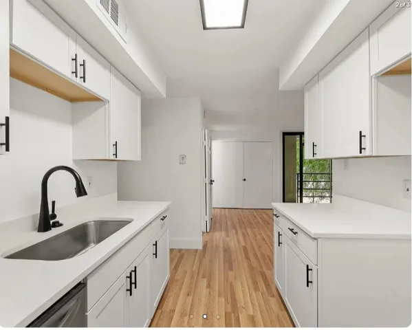 a kitchen with a sink a counter top space and cabinets