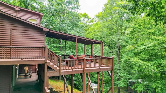 a view of a bench in the forest
