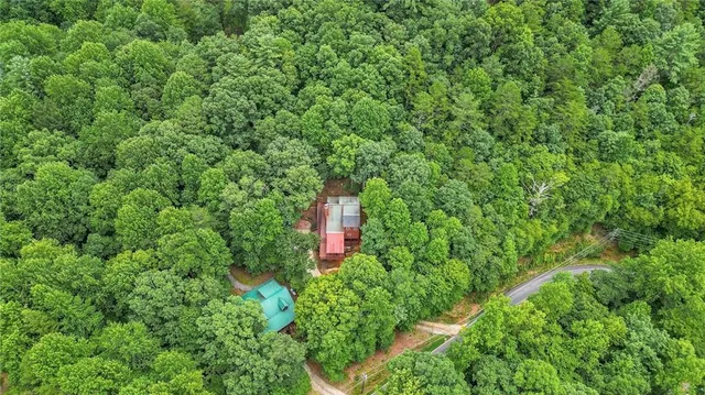 an aerial view of a house with swimming pool and garden space