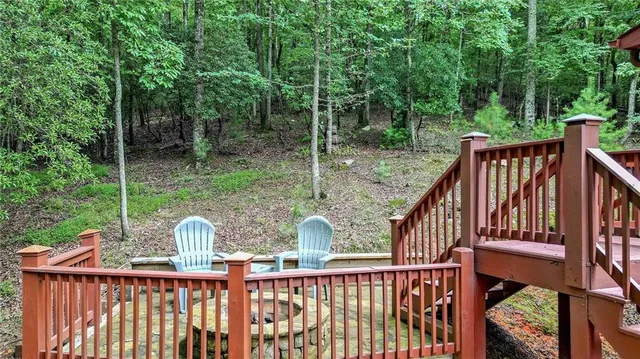 a view of a lush green forest with lots of trees