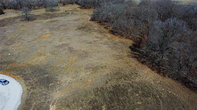 a view of a dry yard with wooden fence