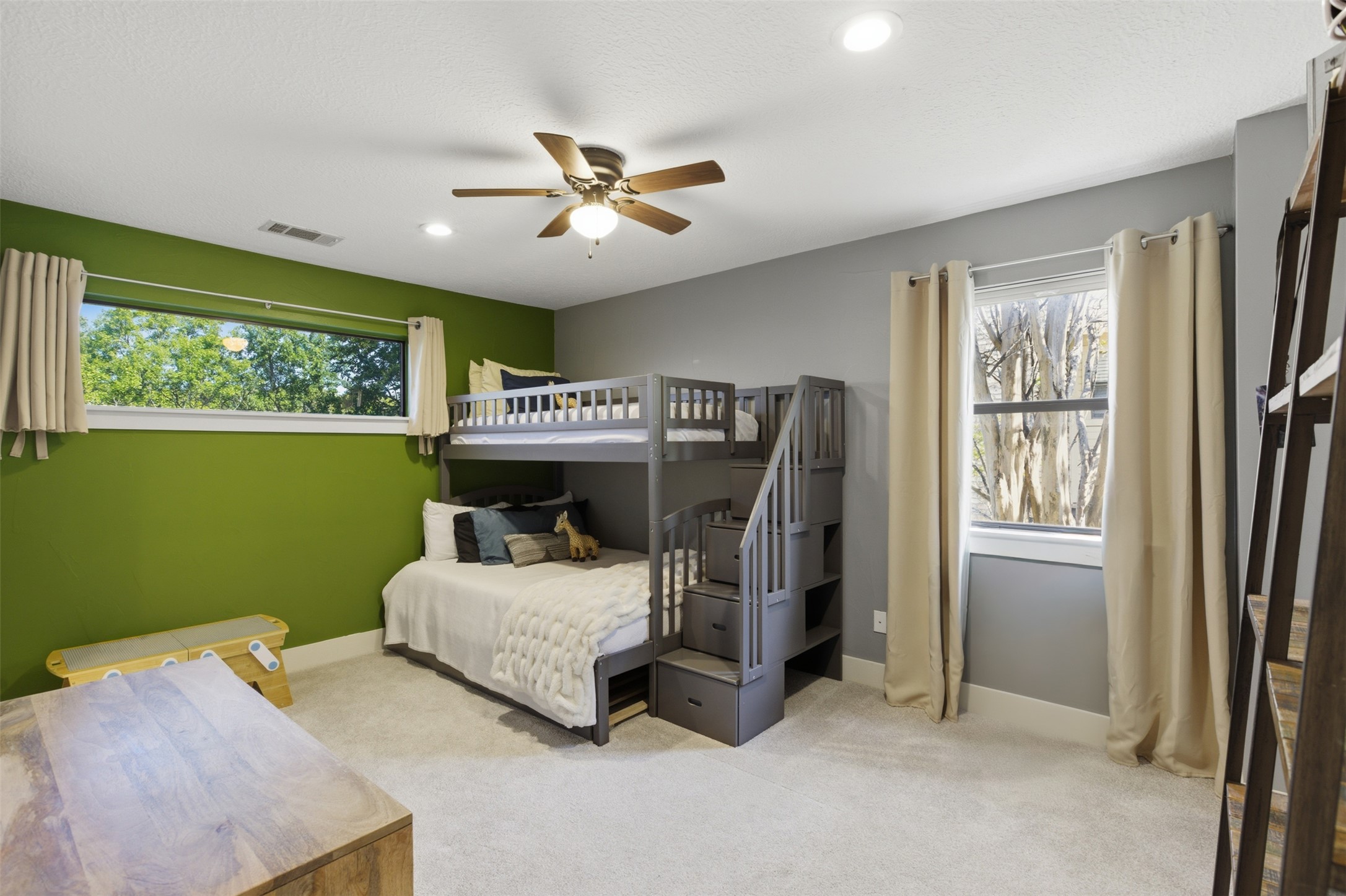 2008 Key West Cove Austin, TX 78746 - Photo 19 of 33 Bedroom featuring light colored carpet, a ceiling fan, multiple windows, and recessed lighting