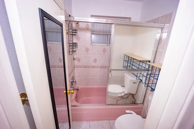 a bathroom with a shower and toilet