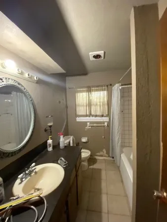 a bathroom with a toilet a sink and mirror