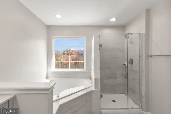 a bathroom with a bathtub and a shower