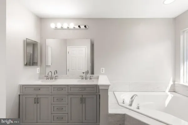 a bathroom with a bathtub a sink and a mirror