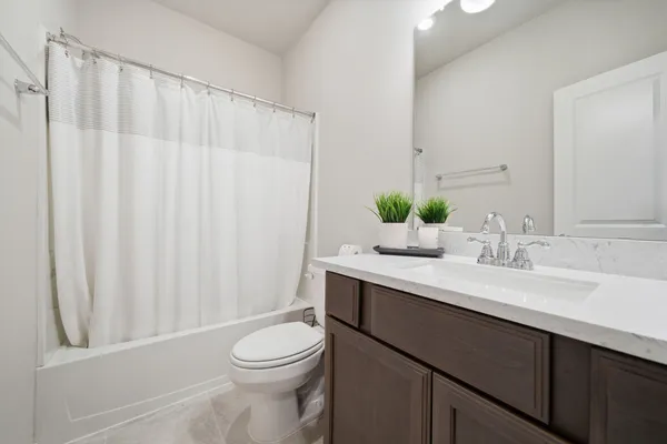 a bathroom with a sink a toilet and shower curtain