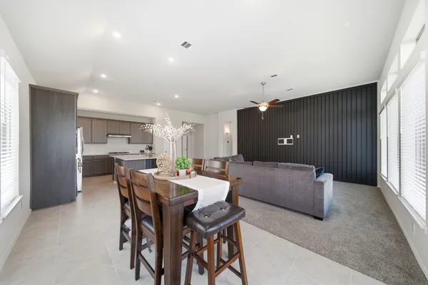 a view of a dining room with furniture