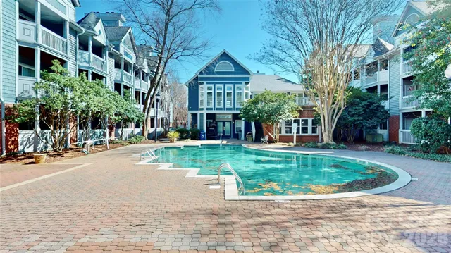 an outdoor space with seating area
