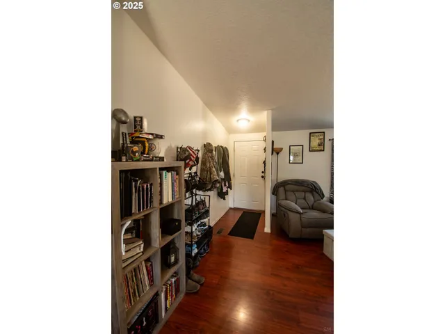 a view of a livingroom with furniture and storage