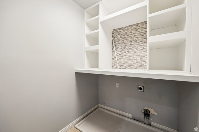 3215 West 450 North West Point, UT 84015 - Photo 26 of 40 Laundry area featuring a mosaic tile backsplash, built-in shelving, white countertop, and a utility hookup