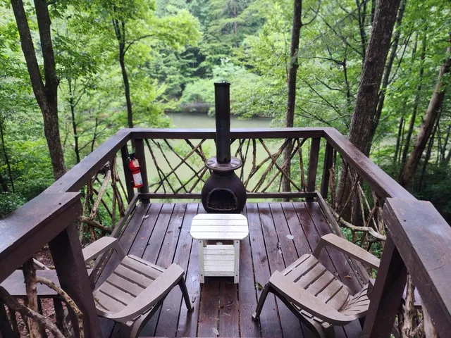 a view of a lake with green trees