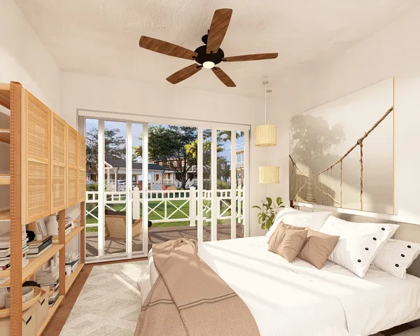 a spacious bedroom with a large bed and a large window