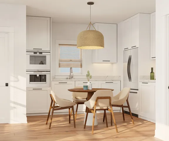 a dining room with furniture and window