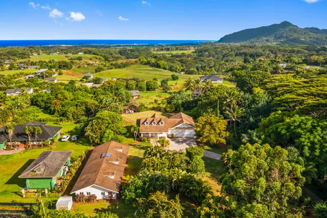 an aerial view of residential houses with outdoor space and trees
