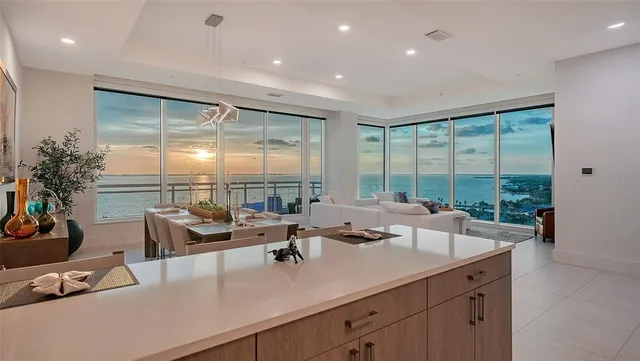 a living room with furniture city view