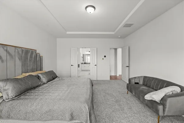 a bedroom with a bed and a couch