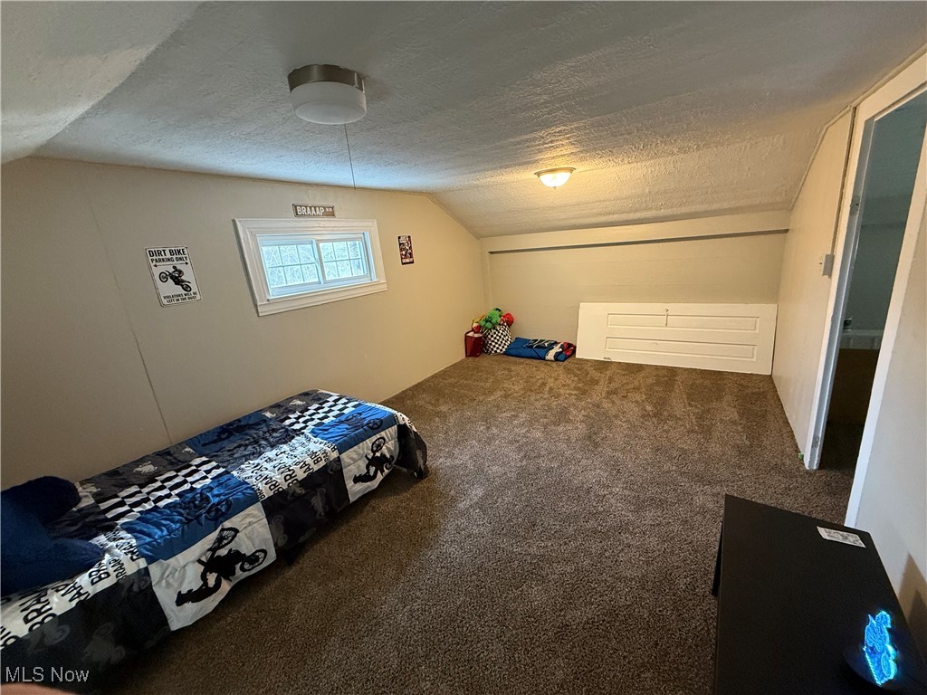 446 Warner Road Southeast Vienna, OH 44473 - Photo 29 of 32 Bedroom with carpet flooring, vaulted ceiling, and a textured ceiling