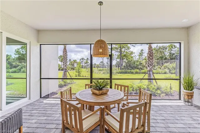 a view of a dining room with furniture window and outside view