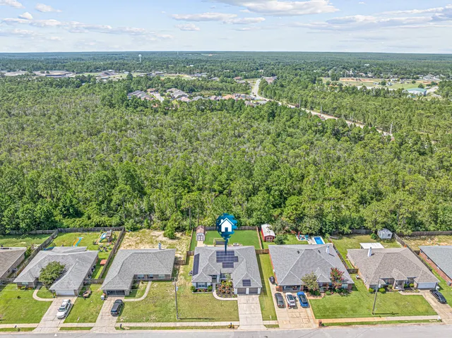 an aerial view of residential houses with outdoor space and trees
