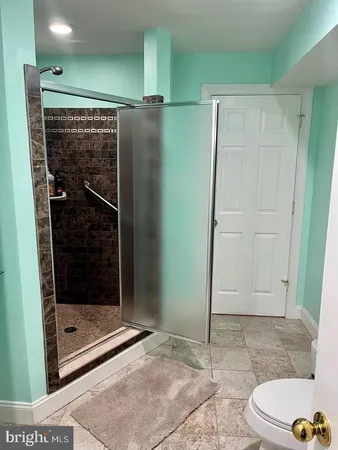 a bathroom with a shower and toilet