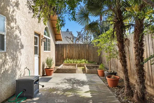 a view of a patio with table and chairs potted plants and palm tree