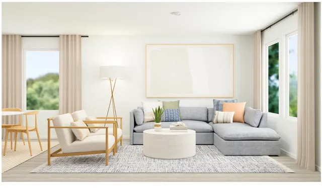 a bedroom with a bed lamp and a large window