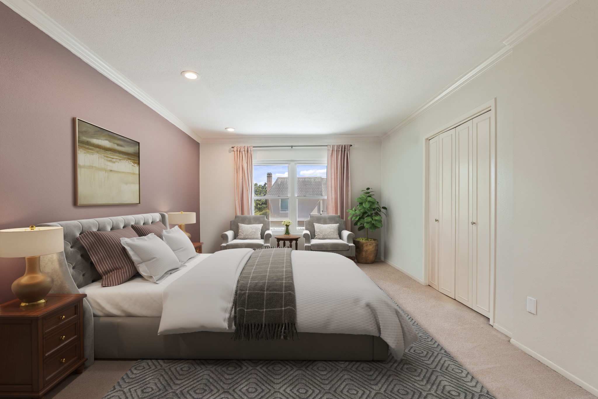 2236 South Piney Point Road, Unit 101 Houston, TX 77063 - Photo 11 of 21 Virtually Staged: Unwind after a long day in this master bedroom that boasts carpet floors, recessed lighting, crown molding, and a large window. It is spacious enough for a siting area.