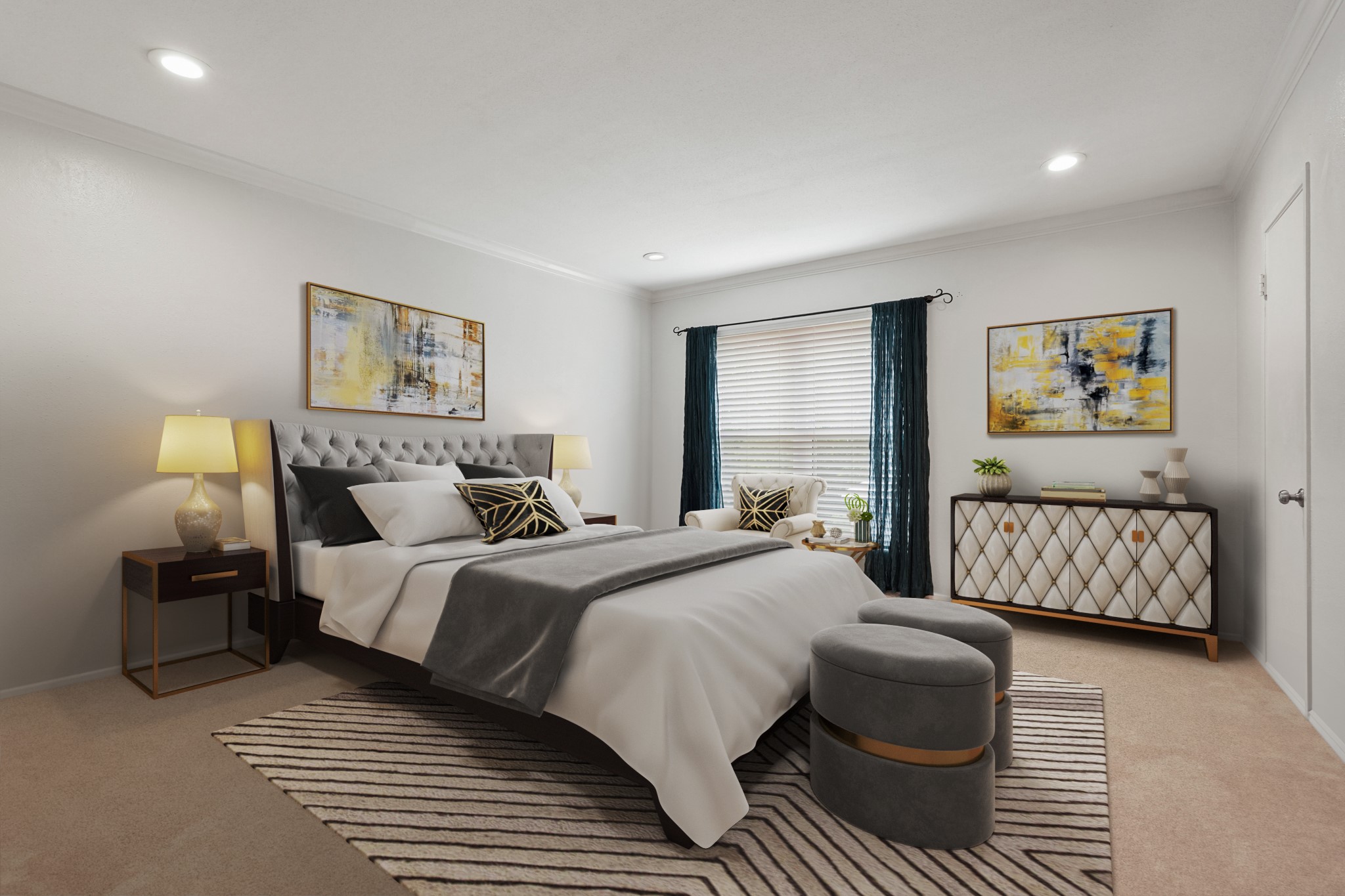 2236 South Piney Point Road, Unit 101 Houston, TX 77063 - Photo 14 of 21 Virtually Staged: Secondary bedroom with carpet floors, crown molding details, recessed lighting, and a large window with privacy blinds.