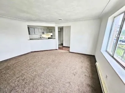 a view of a big room with wooden floor and windows