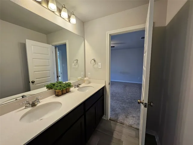 a bathroom with a double vanity sink a mirror and a shower