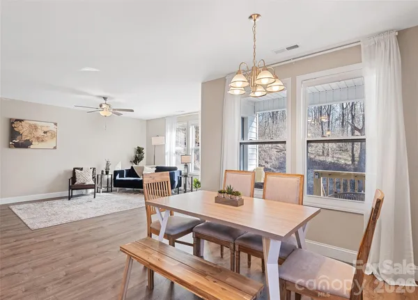 a view of a dining room with furniture window and wooden floor