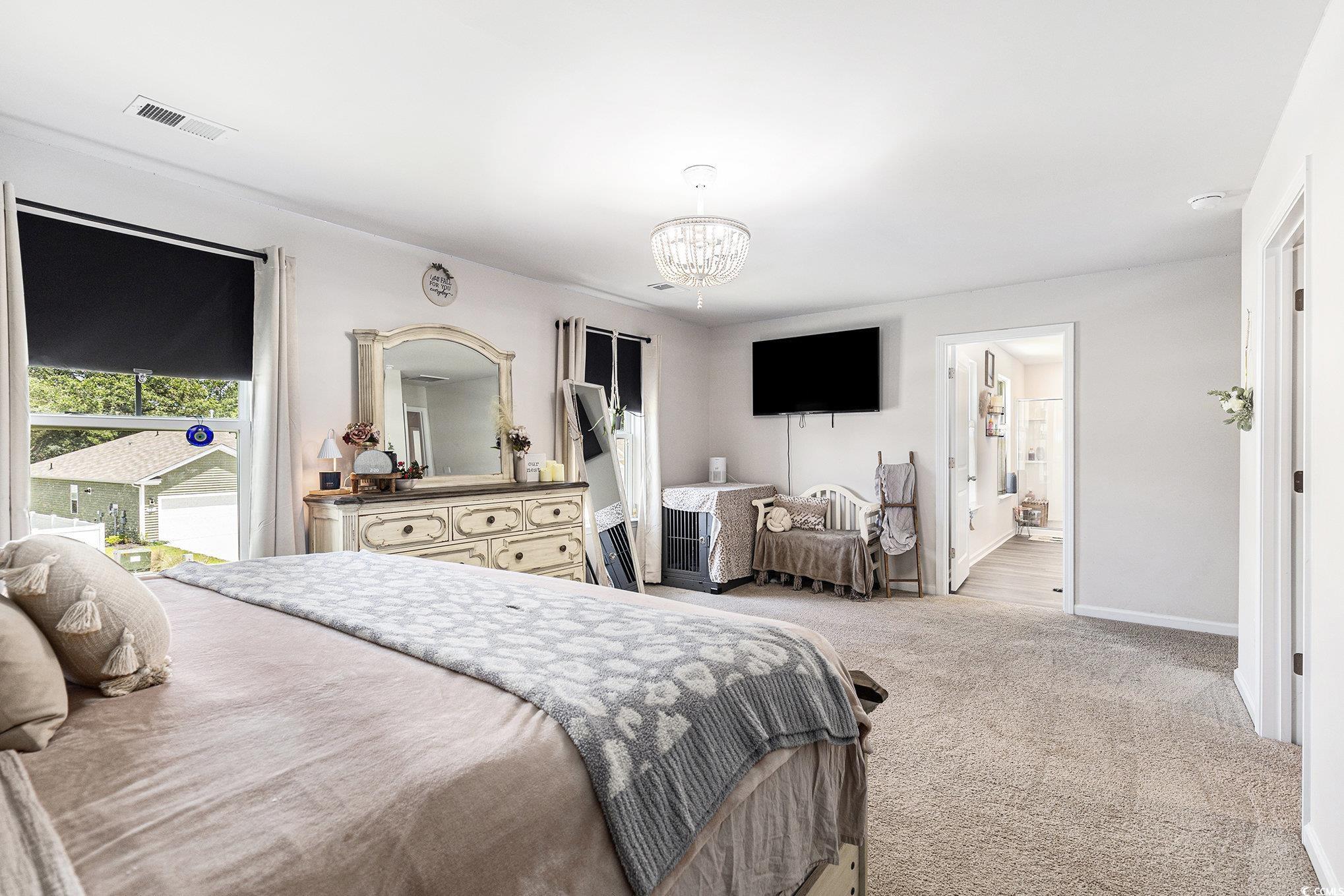 651 Choctaw Drive Conway, SC 29526 - Photo 15 of 37 Bedroom with light colored carpet, a chandelier, access to exterior, and ensuite bathroom