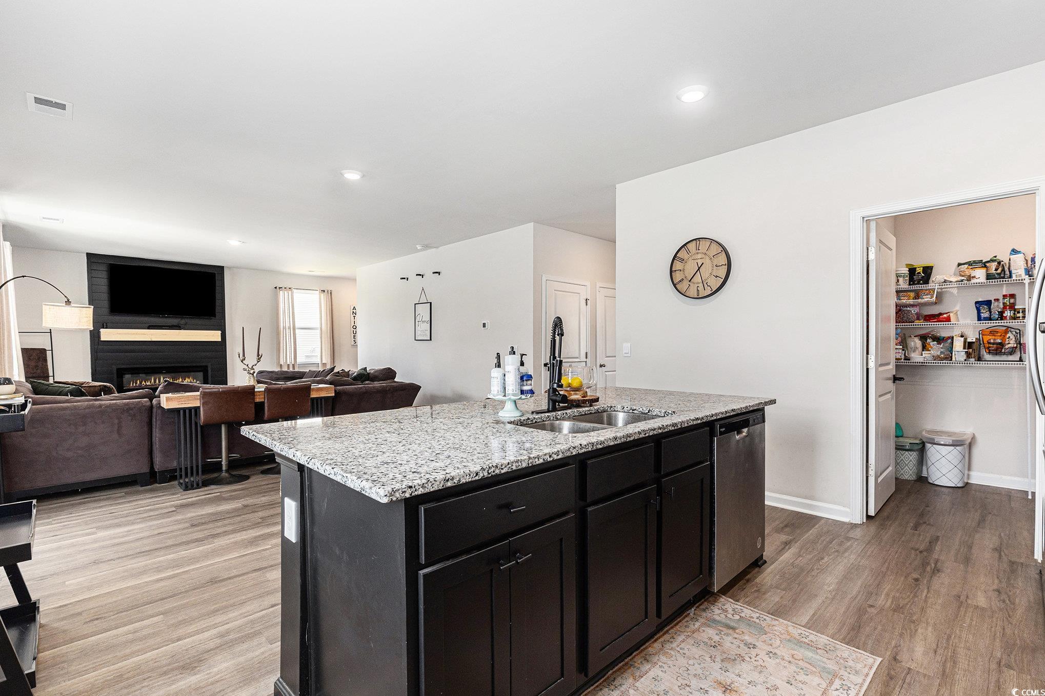 651 Choctaw Drive Conway, SC 29526 - Photo 5 of 37 Kitchen with dark cabinetry, an island with sink, light wood-style flooring, light stone counters, and a fireplace