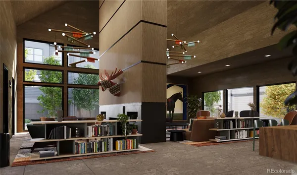 a living room with furniture a chandelier and a floor to ceiling window