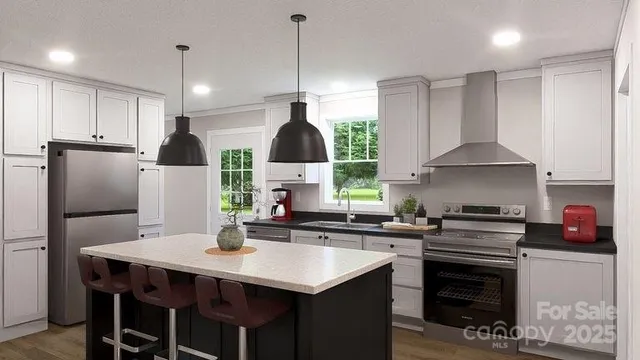 a kitchen with stainless steel appliances a stove a sink a microwave a refrigerator a stove a dining table and chairs